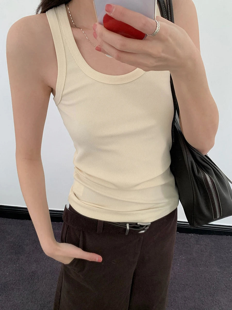 Solid U-neck Slim Sleeve Tank Tops Women Summer Casual Simple Ribbed Cotton Vests Girl Sweet Basic Y2K Preppy Style Camisole New