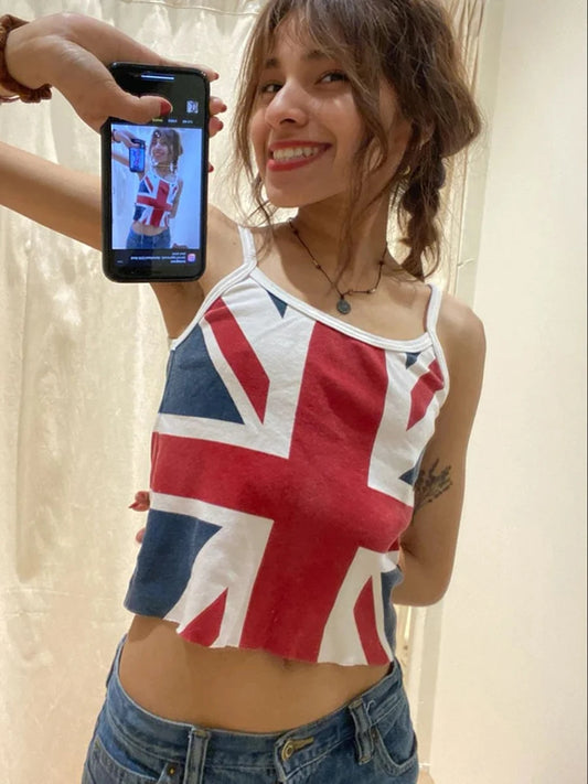 Vintage Flag Print Slim Tank Tops Women Summer New Cotton Soft Casual Streetwear Sleeveless Vests Harajuku Sweet Chic Camis Y2K