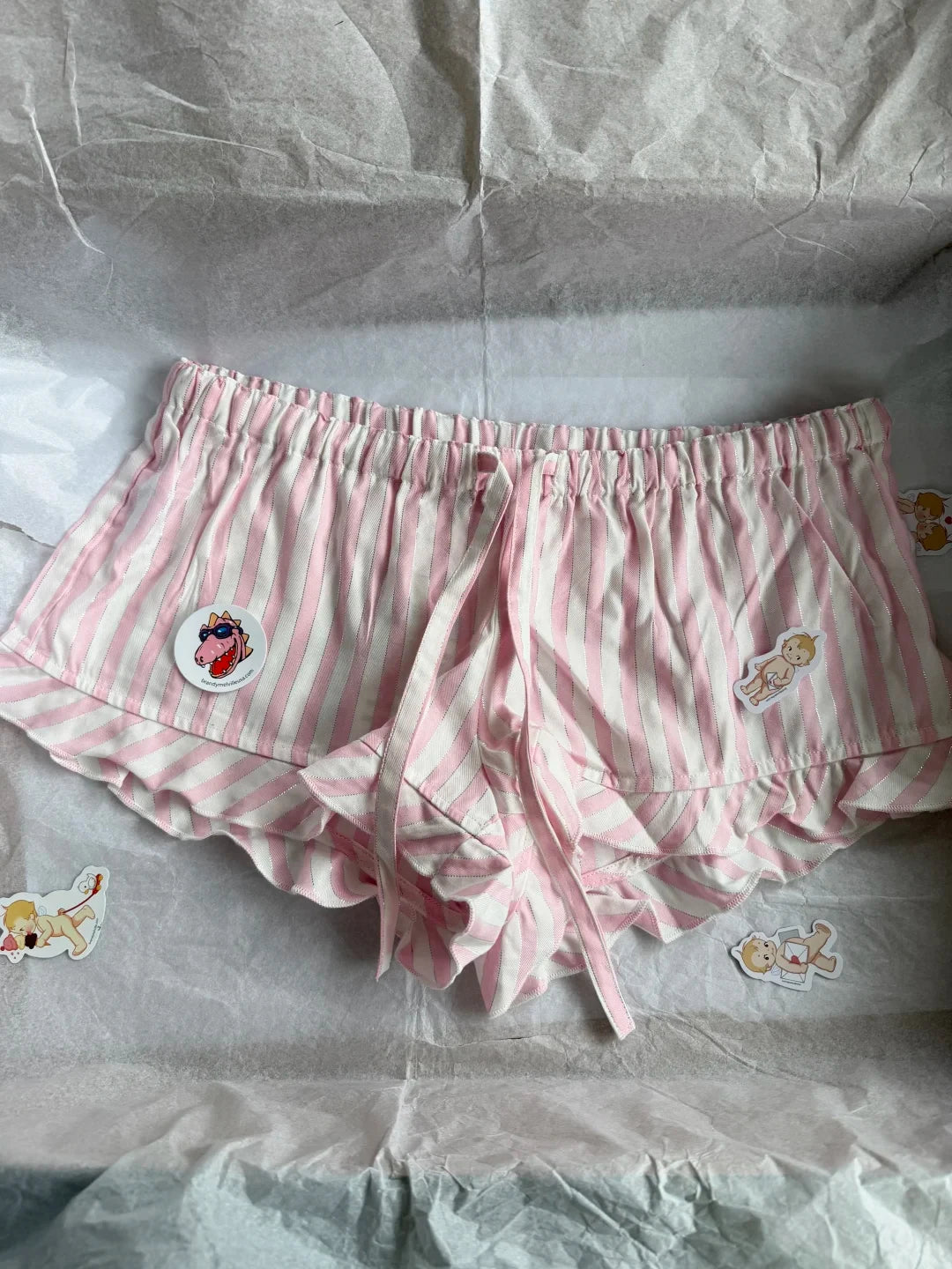 Pink Striped Silver Line Blouse Sets Women Lace Trim Casual Camisole+Drawstring Short Pants Sweet Cute Home Outfits Collection