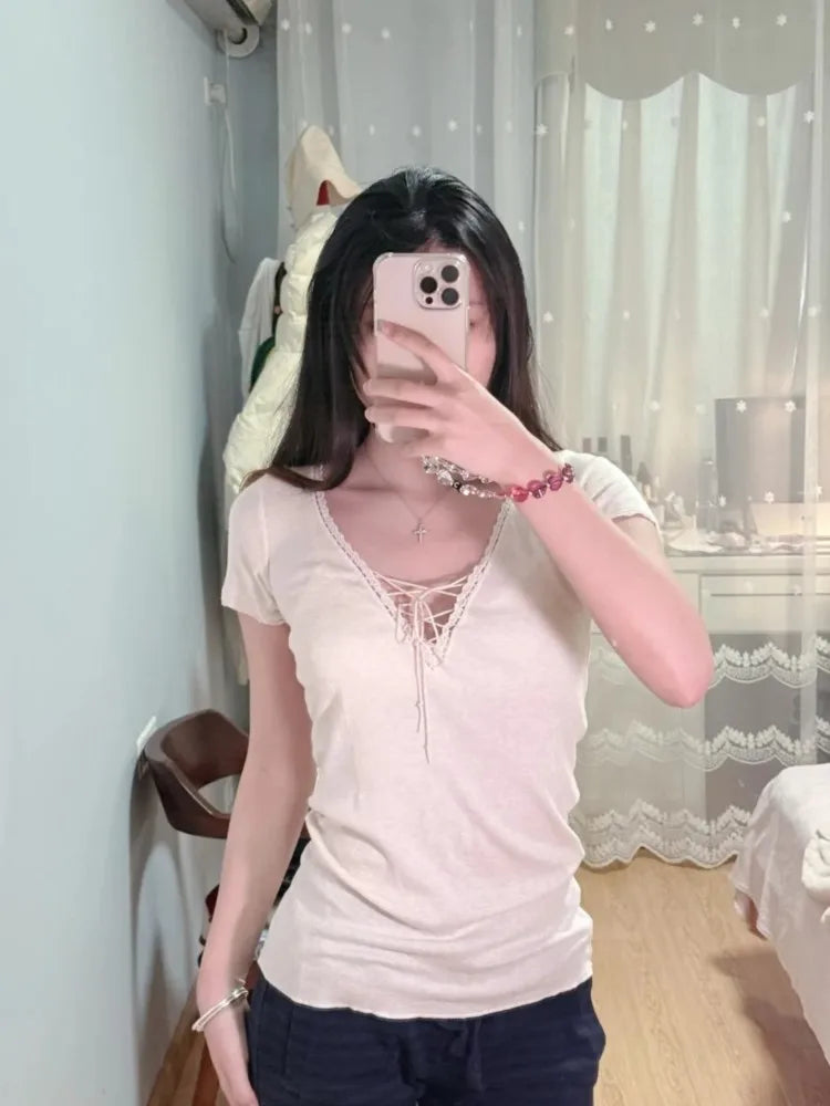 Pink Lace Trim Slim T-shirts Women Summer Streetwear Cotton Lace-up V-neck Short Sleeve Tees Cute Sweet Simple Chic Tshirts