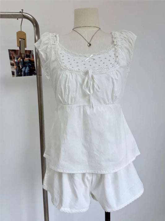 White Lace Trim T-Shirt Shorts Set Women Summer Lace-up Puff Sleeve Blouse+Elastic Waist Short Pants Sweet Simple 2 Piece Sets