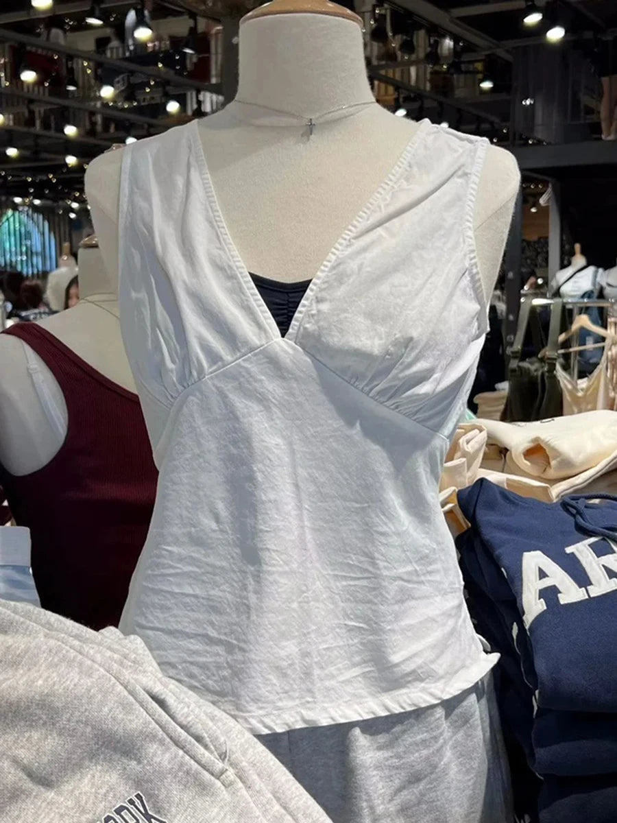 Yellow Slim V-neck Tank Top Women Summer Casual Simple Cotton Sleeveless Vest Clean girl Preppy Style Sweet Basic Camis OOTD New