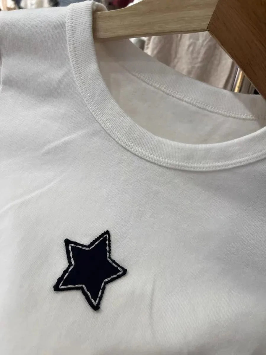 Sweet Star Appliques Slim Crop Top Woman Round Neck Short Sleeve Cotton Cropped T Shirt Summer Cute All-match T-shirts Y2K Tops