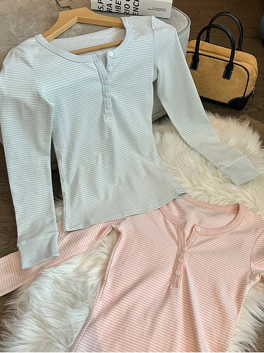 Blue Striped Patchwork Slim T-shirt Women Buttons O-Neck Cotton Long Sleeve Tee Sweet Preppy Style Cute Tshirt Y2K Top Clothes