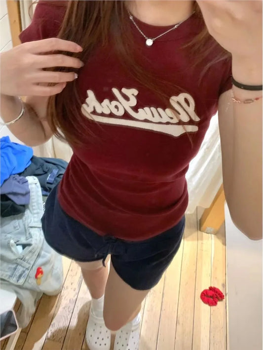 Burgundy Letter Appliques Slim T-shirts Woman Summer Streetwear Cotton Crew Neck Short Sleeve Tee Shirt American Vintage Tshirts