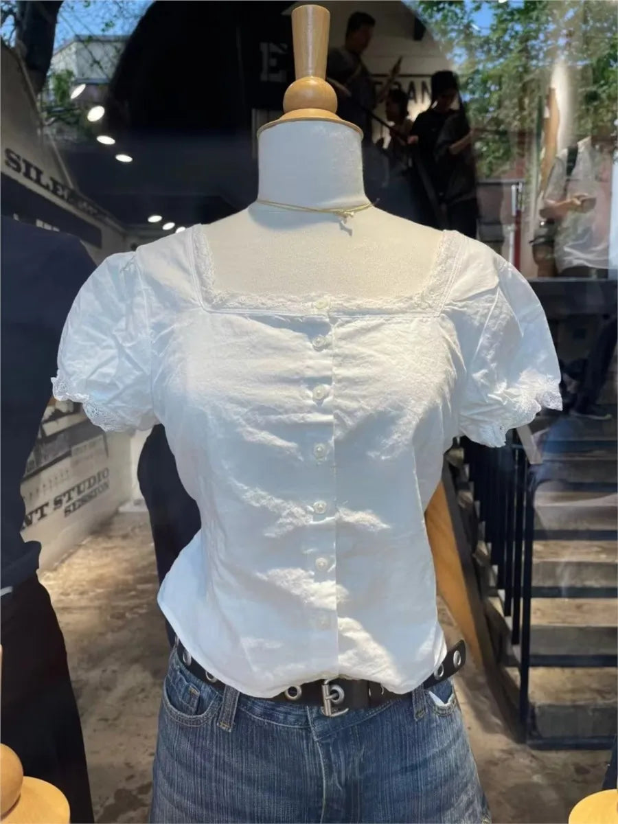 Lace Trim White Buttons Short Sleeve Tees Women Casual Back Lace-up Streetwear Shirt Tops Sweet Chic Preppy Style T-shirts New