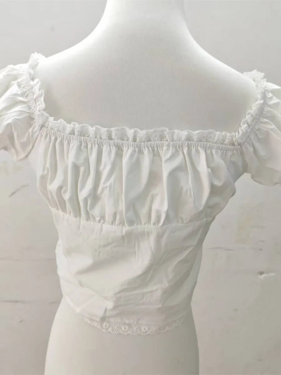 White Lace Trim Ruffles Short Sleeve Tees Women Summer Casual Streetwear Shirt Tops Sweet Chic Preppy Style Cropped T-shirts New