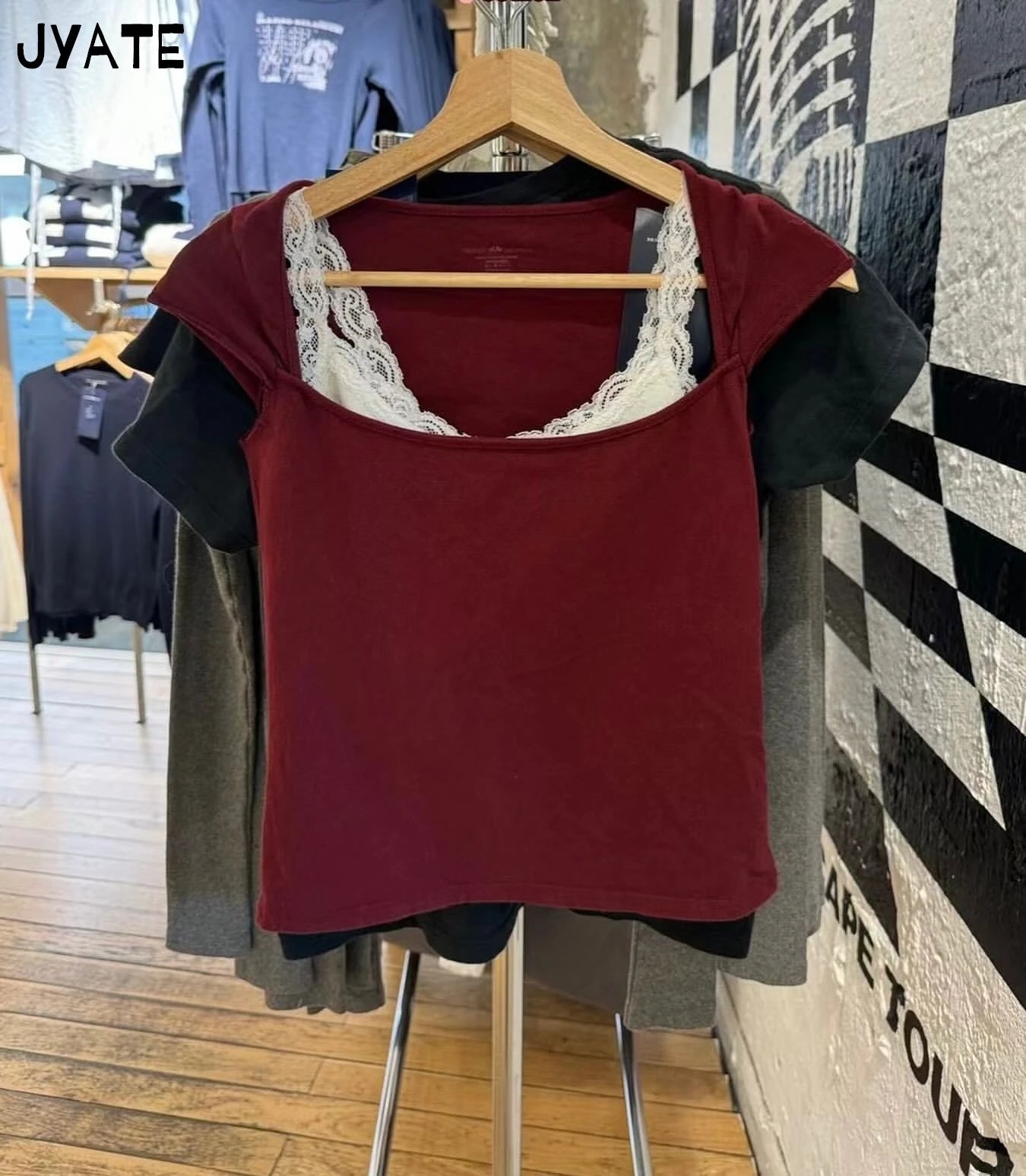 New Sweet Pink Cotton Crimping Short Sleeve Tees Women Summer Casual Simple Square Collar Crop Tops Vintage Basic Y2K T-shirts