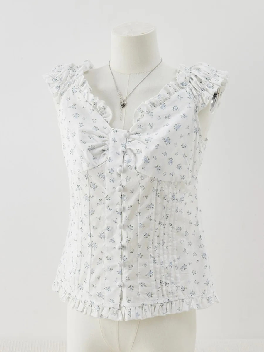 Sweet Ruffle Sleeveless Floral Blouse Top Women New Casual Single Breasted Folds Tank Tops Vest Steetwear Vintage Chic Camisole
