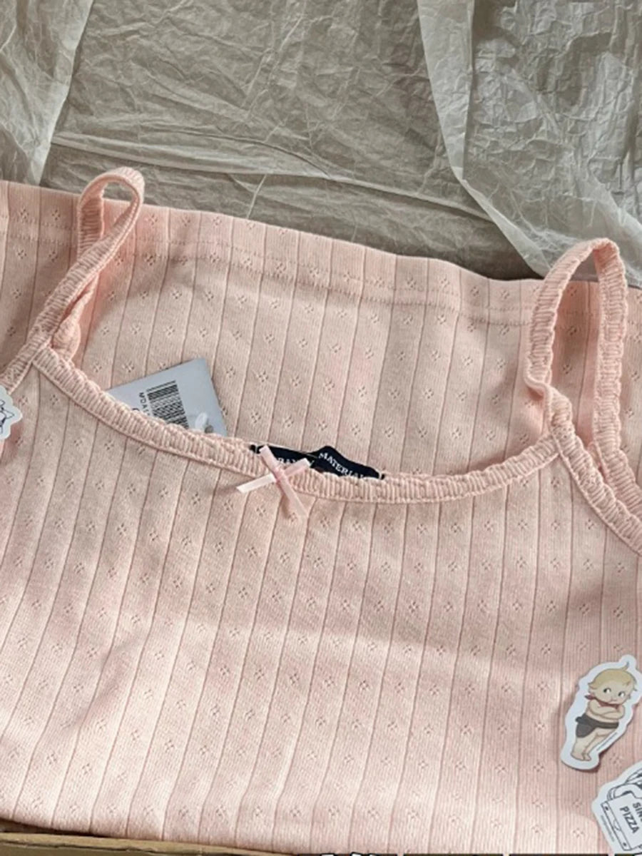 Sweet Pink Eyelet Bow Tank Tops Women Summer Casual Cotton Slim Lace Trim Sleeveless Vests Cute Preppy Style Camisole Y2K Top