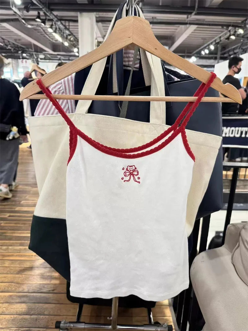 Heart Eyelet Red Bow Camisole Women Casual Slim Lace Trim Sleeveless Cotton Tank Top Female Sweet Cute Preppy Style Crop Tops