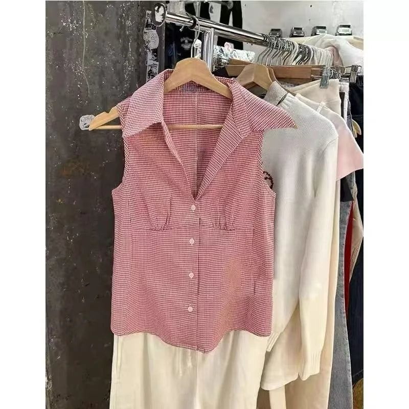 Pink Striped Blouse T-shirts Women Summer Casual Slim Turn-down Collar Sleeveless Tees Cute Sweet Preppy Style Y2K Crop Tops New