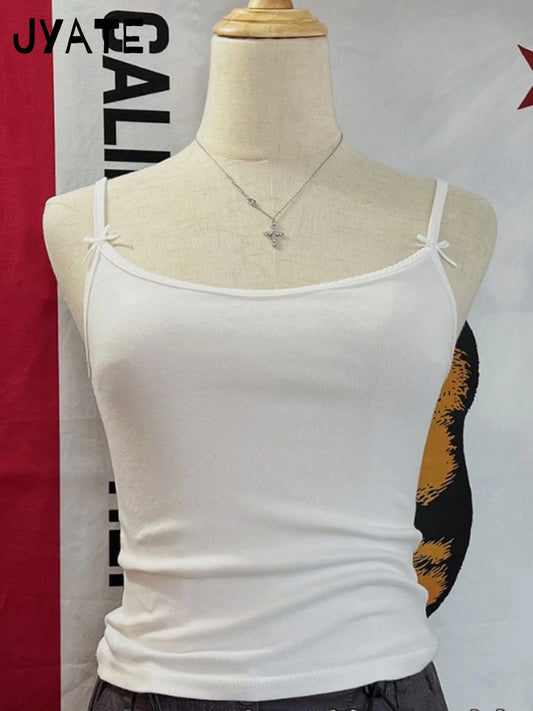 Sweet Bow Lace Trim Camisole Women Summer New Cotton Chic Casual Slim Preppy Style Cropped Vest Vintage Cute Basic Tank Tops Y2K