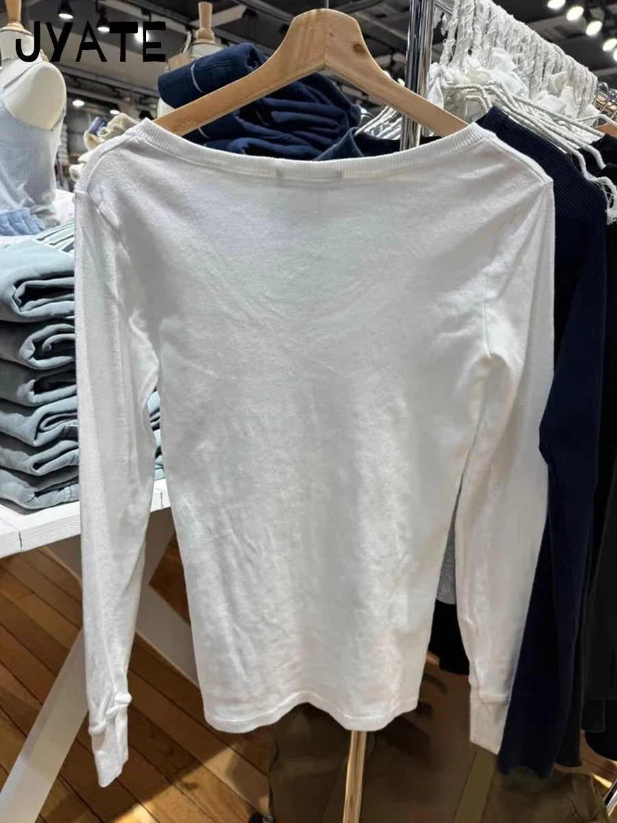 White V-neck Basic Long Sleeve Tees Women New Cotton Soft Simple Casual Slim Cute Tops Clothes Vintage Preppy Style T-shirts Y2K