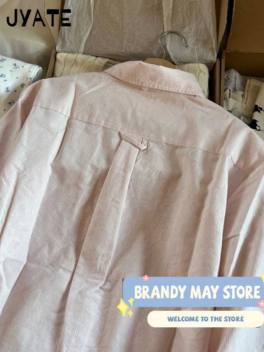 New Sweet Pink Striped Loose Blouse T-shirts Women Summer Casual Cotton Turn-down Collar Tees Preppy Cute Vintage Y2K Crop Tops