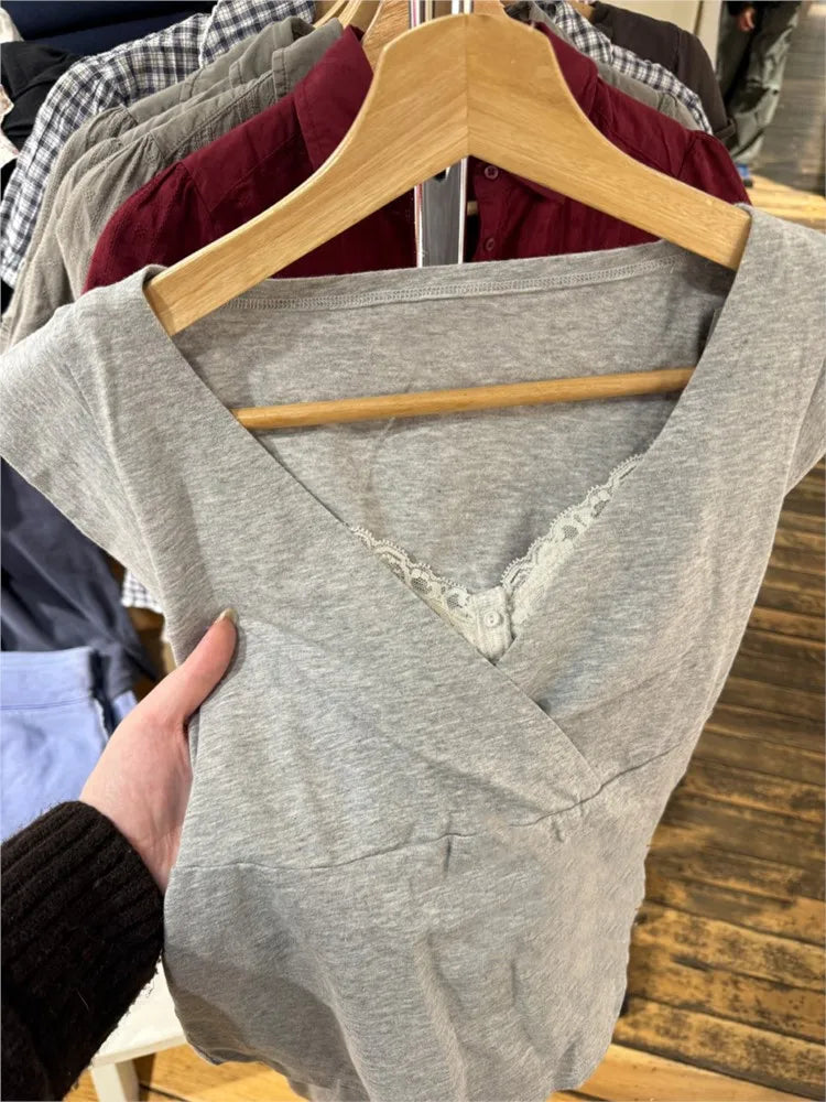Gray Deep V-neck Cotton T-shirts Women Summer Casual Simple All-match Slim Sleeveless Tshirt Sweet Ballecore Cute Crop Tops Y2K