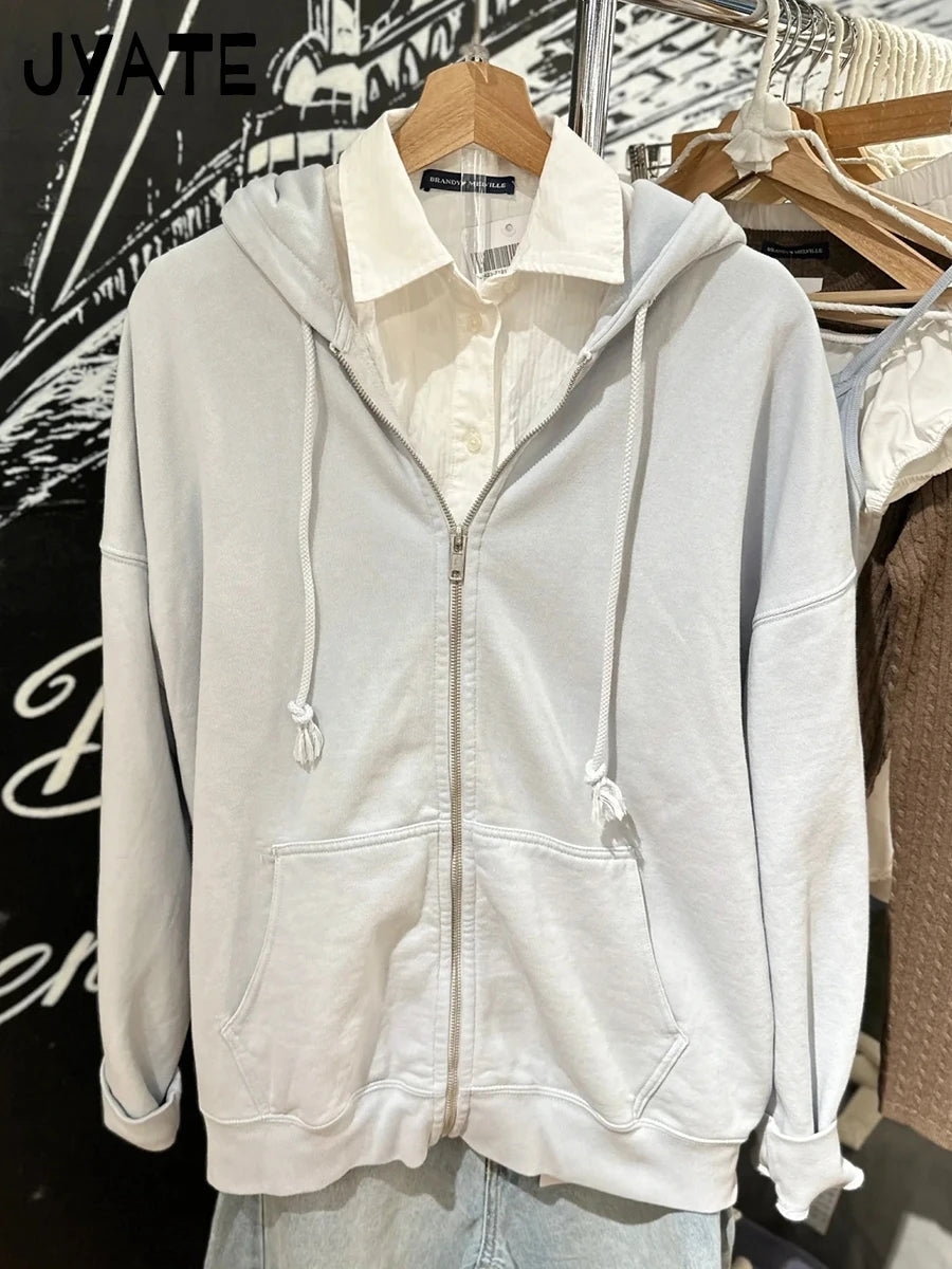 Simple Blue Cotton Oversized Hoodies Coat Women Autumn Casual Pocket Drawstring Zip-up Pullover Sweet Chic Vintage Sweatshirts