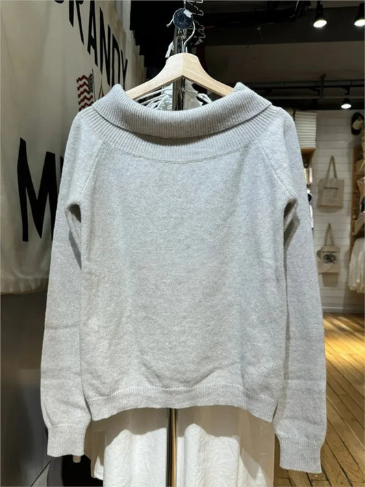 Simple Gray Slash Neck Slim Knitted Sweater Women Casual Long Sleeve Cotton Pull Sweaters Vintage Sweet Preppy Style Jumpers Y2K