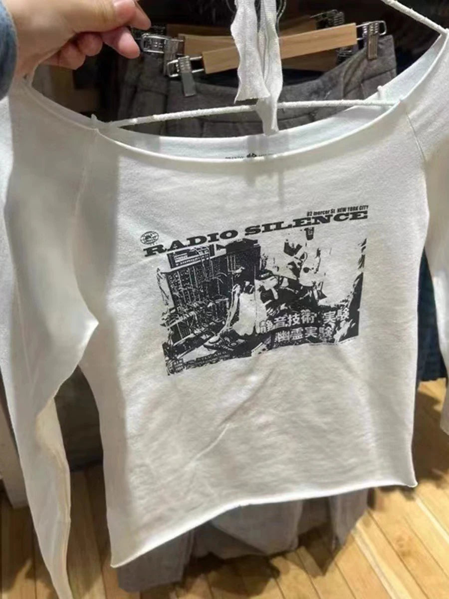 Letter Print SexySlash Neck Long Sleeve Tees Women Cotton Slim Raw Hem Streetwear Casual Tops Vintage Simple Chic Y2K T-shirts