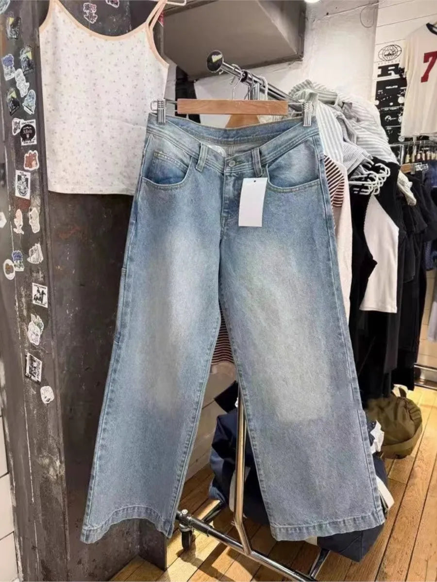 Vintage Back Letter Print Jeans Women Summer High Waist Pockets Straight Baggy Trousers Streetwear Loose Retro Y2K Denim Pants
