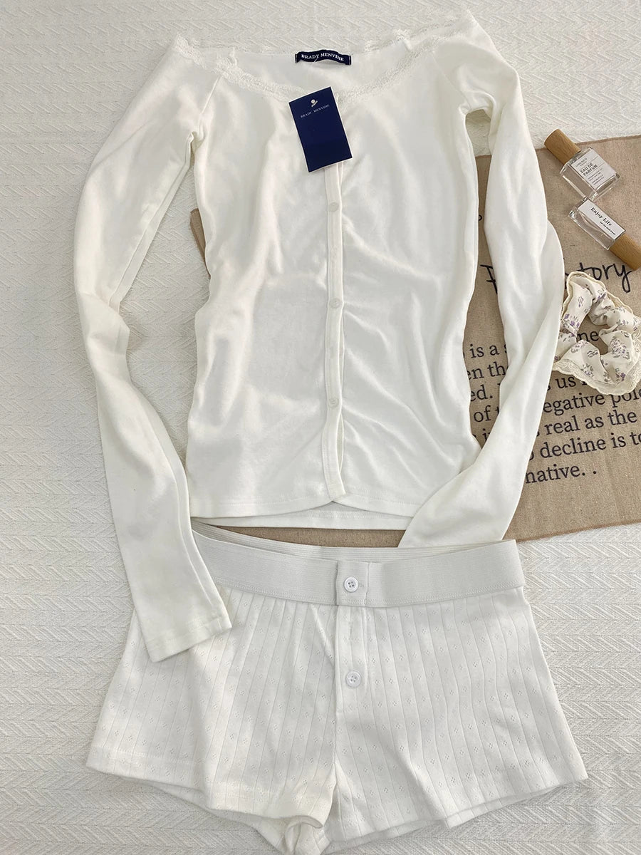 Sweet Eyelet Long Sleeve T-shirt Shorts Set Women Cotton Buttons Home Pajama 2 Piece Sets Slim Tees+Elastic Straight Sweatshort