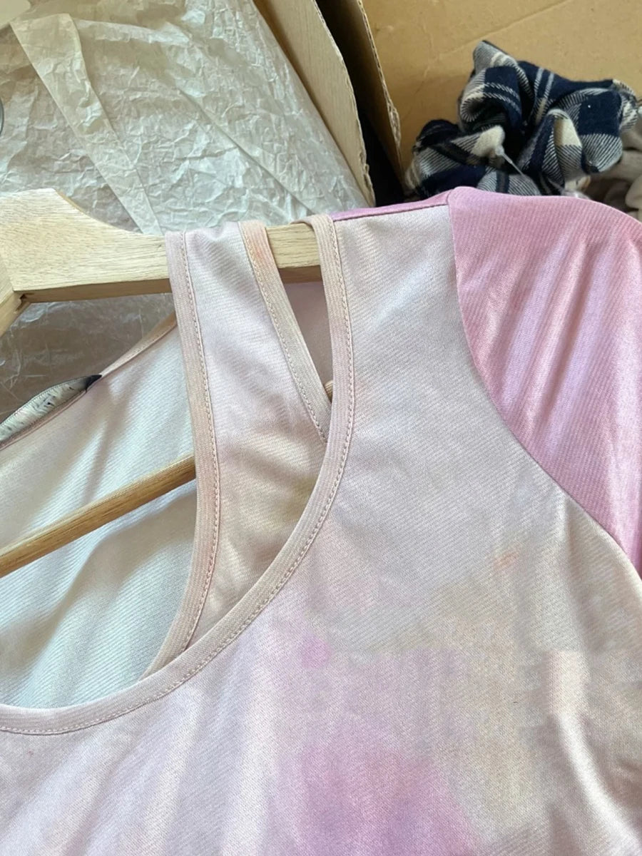 Sweet Pink Gradient Long Sleeve Tees Women New Casual Cotton Irregular Collar Tshirt Tops Cute Aesthetics Chic T-shirts Y2K Top