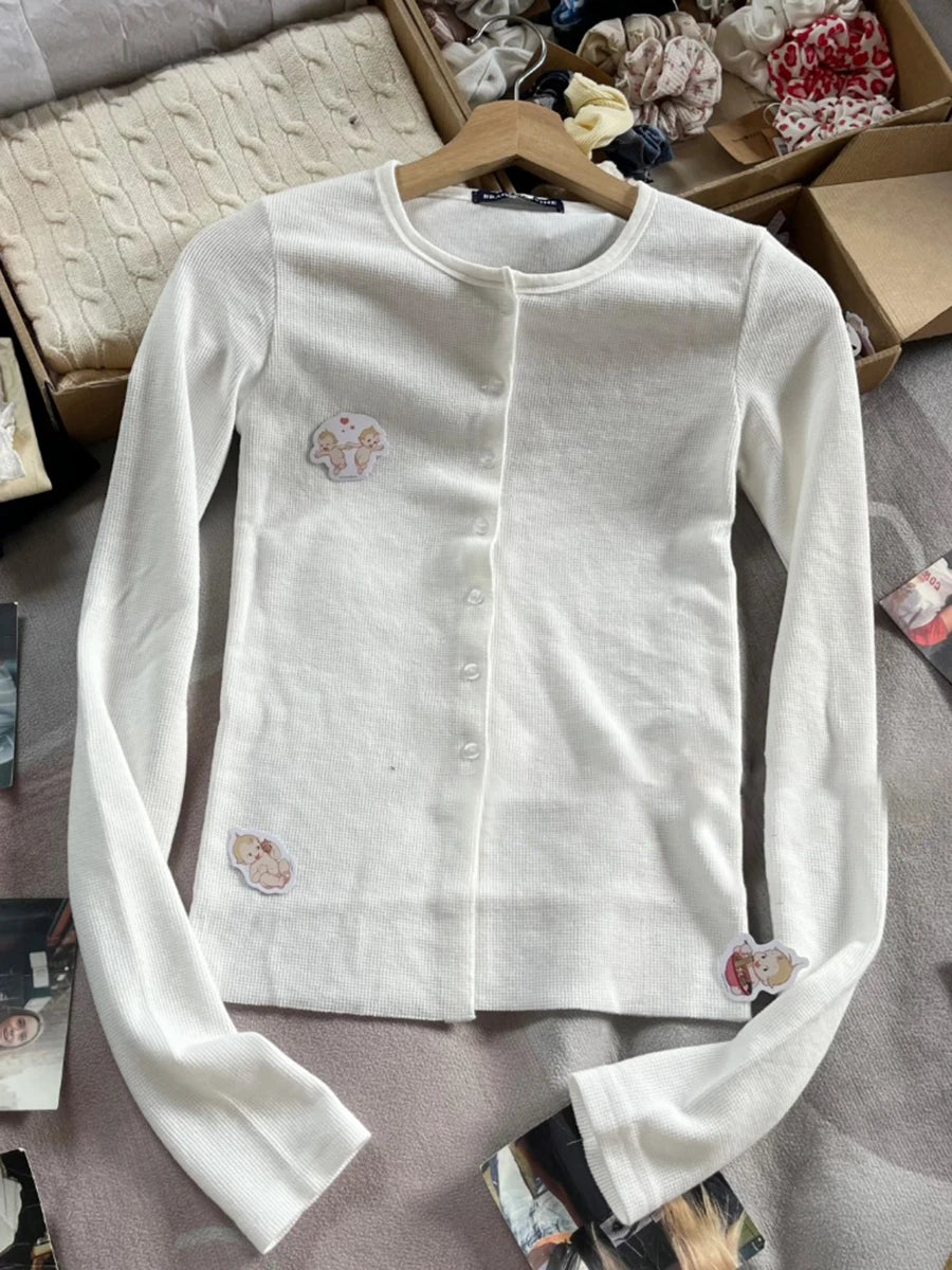 Waffle White Slim Cotton T-shirt Women New Round Neck Single Breasted Long Sleeve Tees Casual Sweet Simple Basic Tshirts Y2K Top