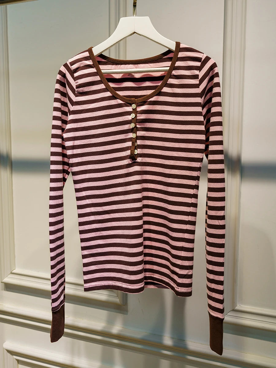 Zelly Tops Navy Striped Buttons Long Sleeve Tees Women Casual Chic Cotton T-shirt Cute Preppy Style Slim Tshirt