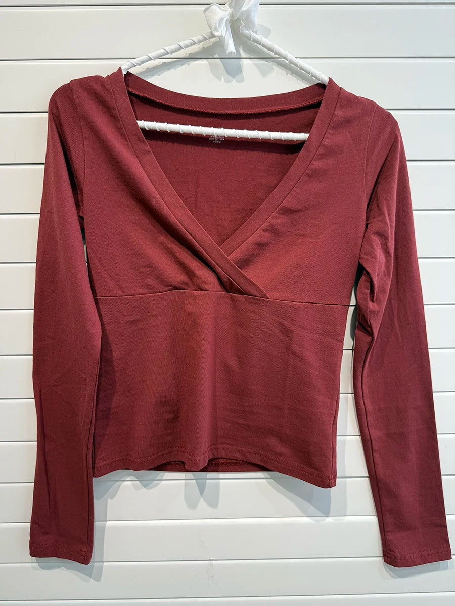 Red V-neck Slim T-shirts Women Autumn Streetwear Casual Sexy Cotton Long Sleeve Tees Sweet Chic Preppy Style T Shirt Y2K Top