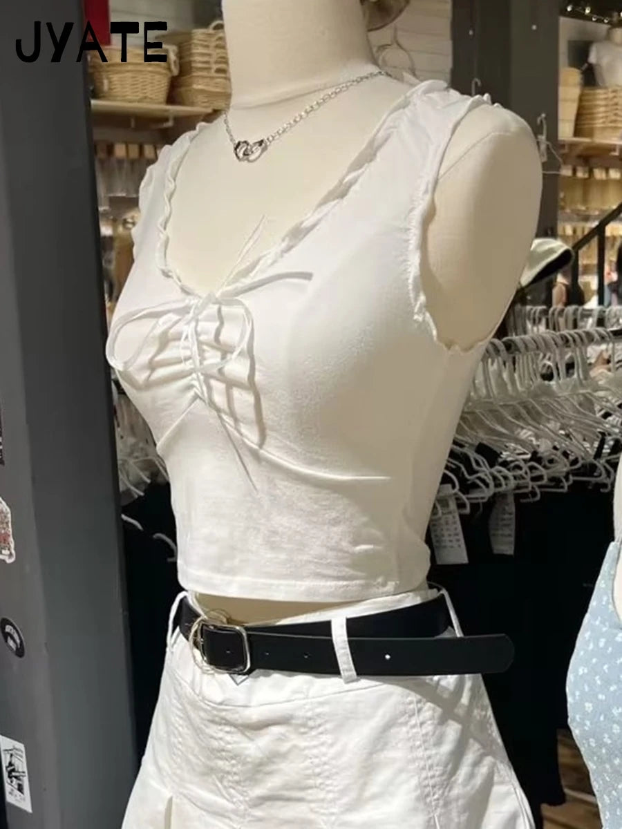 White Ruffles V-neck Cotton Soft Crop Tops Women New Casual Slim Preppy Style Sleeveless Camis Sweet Cute Vintage Tank Top Y2K