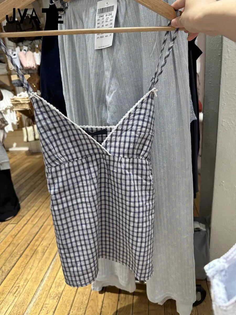 Plaid Lace Trim V-neck Bow Tank Tops Women Summer New Casual Streetwear Simple Back Lace-up Vest Vintage Sweet Chic Camisole Y2K