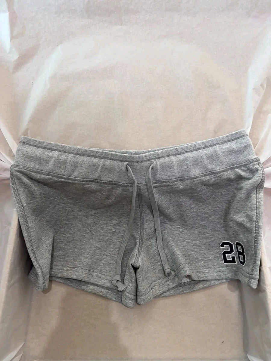 NO.28 Embroidery Straight Shorts Women Grey Drawstring Low Waist Cotton Short Pants Female Casual Simple Sport Sweatshorts Y2K