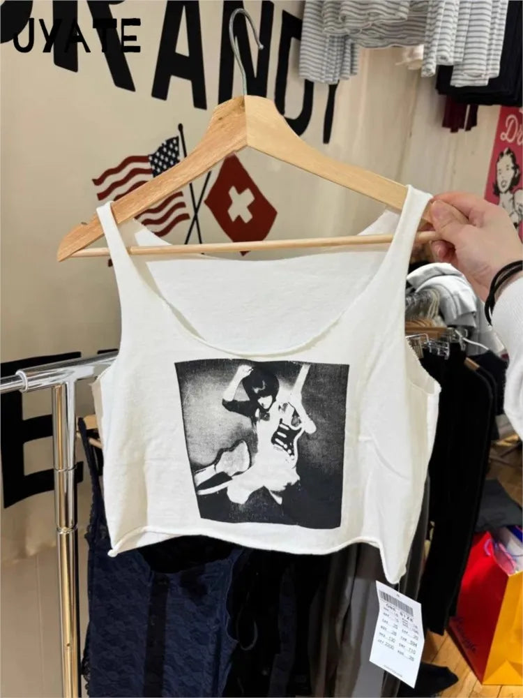 Guitar Print Raw Hem Cropped Vests Women New Fashion Cotton Casual Preppy Style Sleeveless Crop Top Vintage Sweet Tank Tops Chic