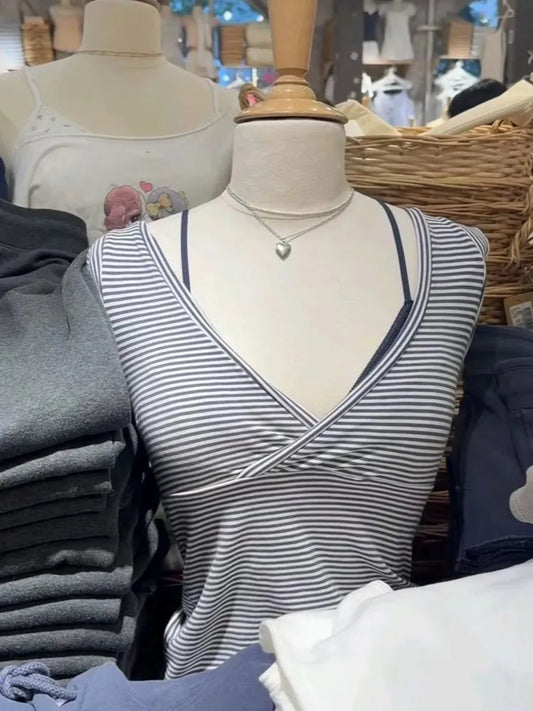 Striped Deep V-neck Cotton T-shirts Women Summer Casual Simple All-match Slim Sleeveless Tshirt Sweet Ballecore Cute Crop Tops
