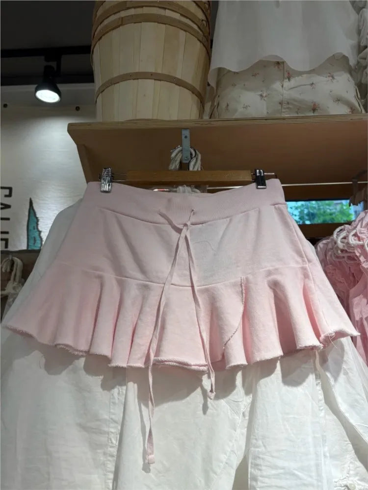 Sweet Pink Lace-up Ballet Skirt Woman Spring Casual Elastic Waist Cotton Sports Skirts Cute All-match A-line Short Faldas New