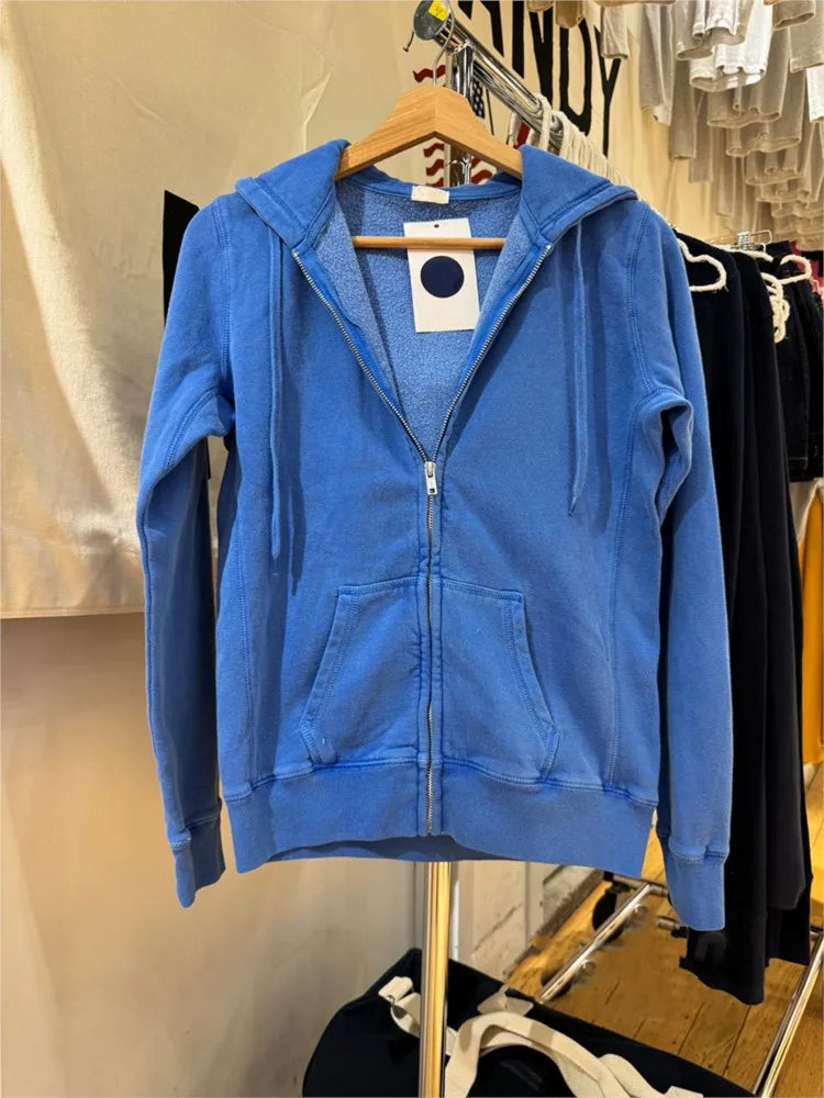 Electric Blue Zipper Hoodies Women Autumn Loose Pockets Drawstring Hoodie Tops Vintage Sweet Preppy Style Y2K Sweatshirts Coat