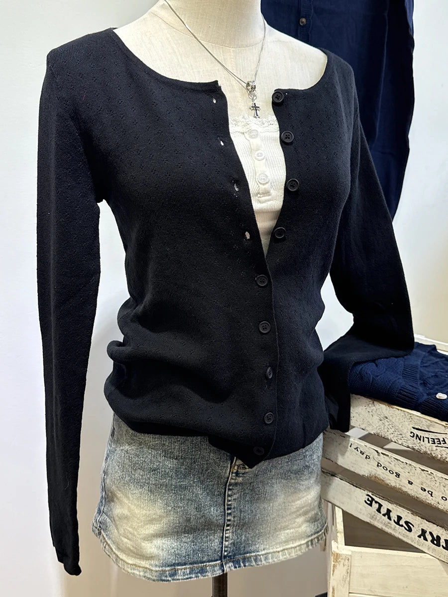 Red Eyelet Cotton Knitted Cardigan Women Autumn New Casual Streetwear  Buttons Long Sleeve Coat Sweet Simple Basic Sweaters Tops