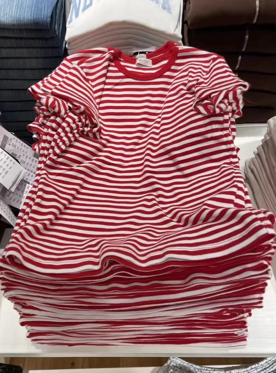 Vintage Striped Slim T-shirt Women Spring New Round Neck Cotton Short Sleeve Tee Shirts Female Cute Preppy Style Y2K T shirts