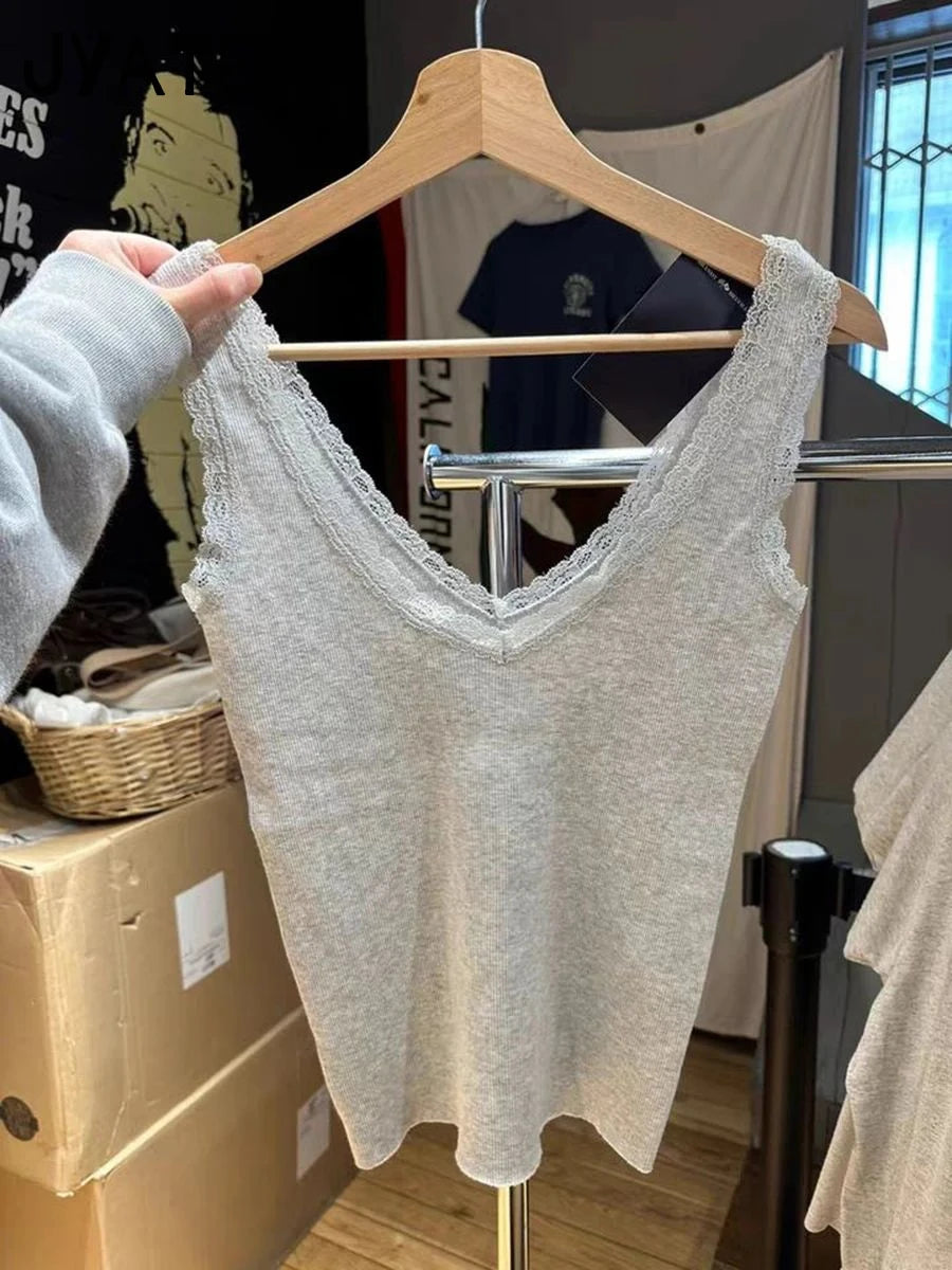 Sexy Slim Lace Trim Sleeveless Vests Women Summer New Cotton Soft Ribbed V-neck Casual Camisole Vintage Basic Chic Tank Tops Y2K