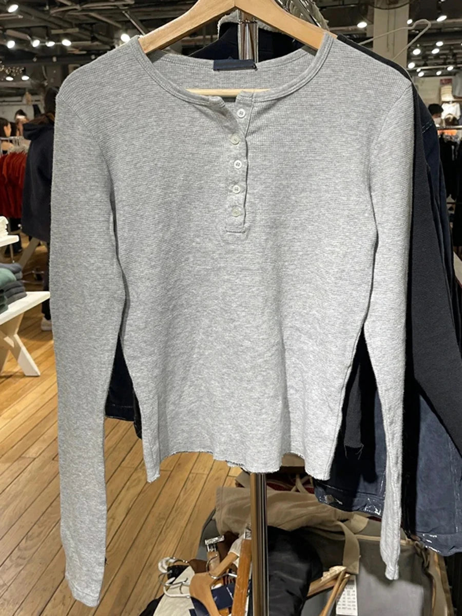 Simple Button Waffle Solid T-shirts Women Autumn Cotton Slim O-neck Harajuku Long Sleeve Tees Female Vintage Chic Y2K Crop Tops