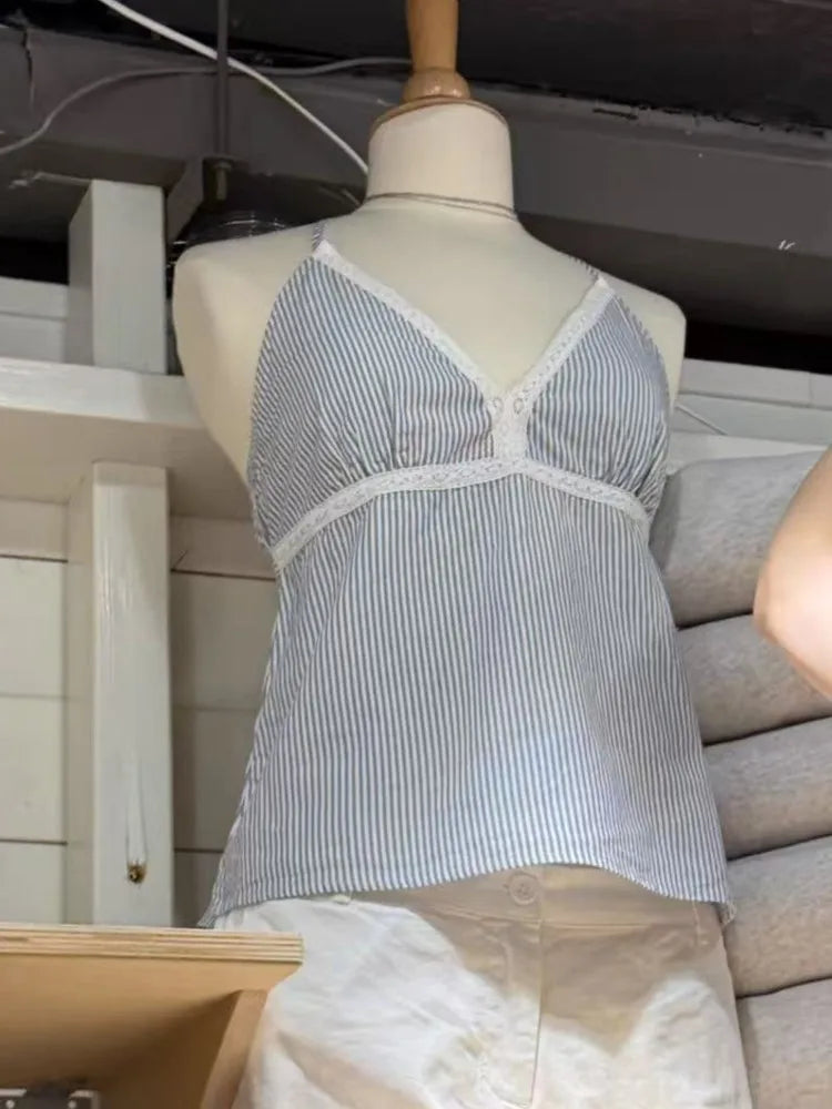 Blue Striped Lace-up Halter Crop Top Woman Summer Cotton Lace Trim Deep V-neck Backless Sleeveless Vests Sweet Chic Camisole New