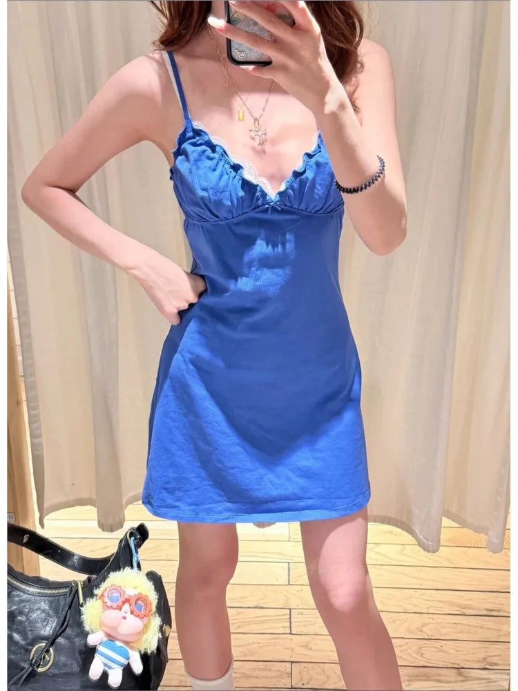 Electric Blue Ruffle Dress Women Summer Casual Slim V-neck Cotton Dresses Sweet Preppy Style Sleeveless Vestidos Y2K