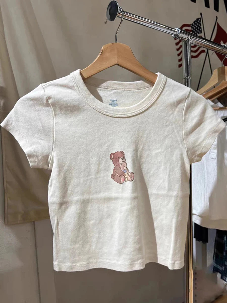 Cartoon Angel Print Cute Slim T-shirts Women Summer O-neck Cotton Harajuku Streetwear Short Sleeve Tees Sweet Chic Y2K Crop Tops
