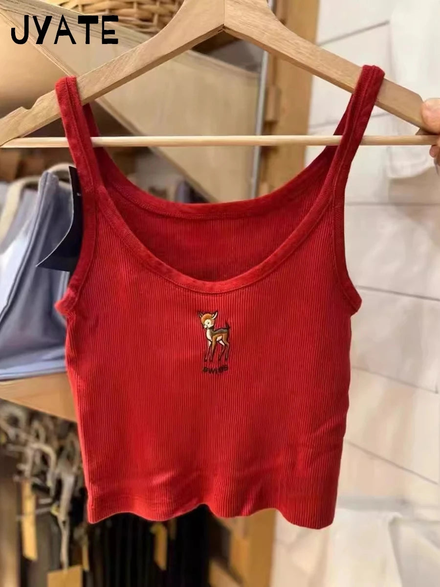 New Cute Little Deer Print Camisole Women Summer Cotton O-neck Simple Casual Slim Cropp Vests Sweet Vintage Chic Tank Tops Y2K