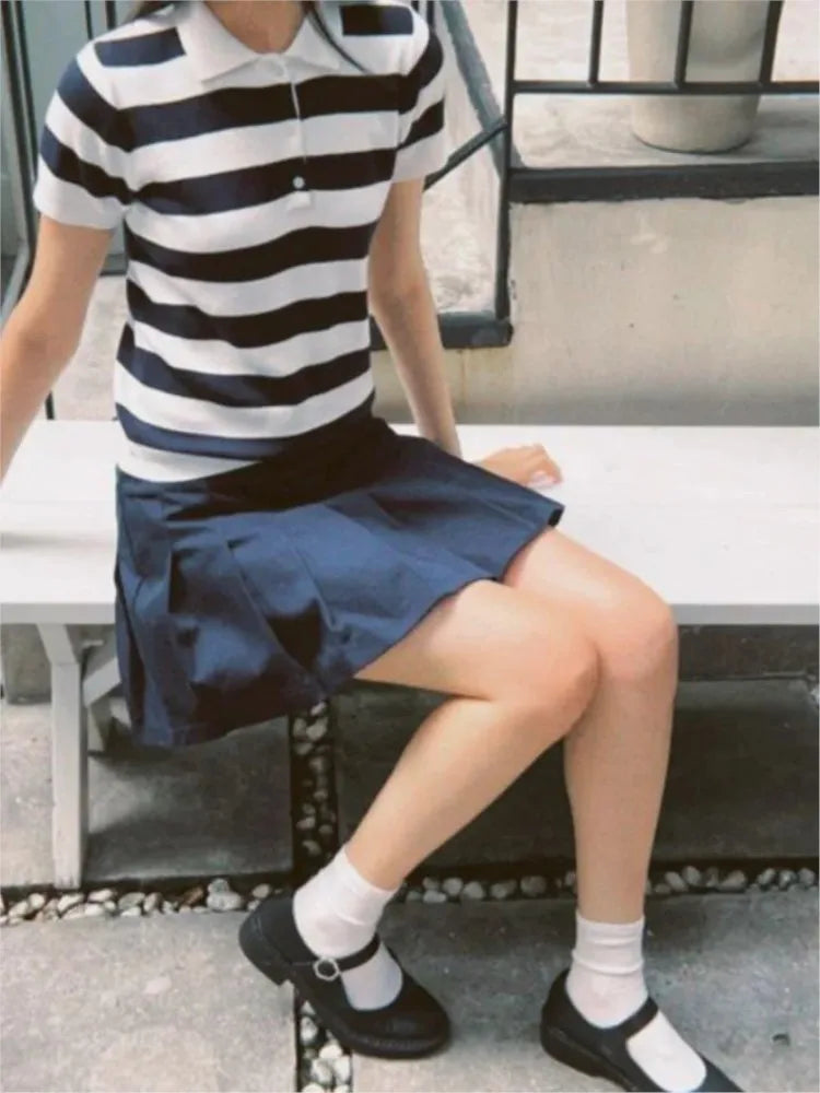 Vintage Striped Knitted Slim T-shirt Women Buttons Turn-down Collar Short Sleeve Tees Preppy Style Cotton Sweet Y2K Tshirts Tops