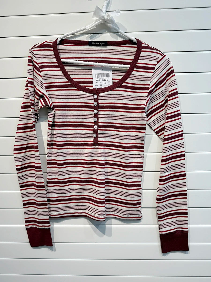 Brown Striped Buttons T-shirts Women Casual Chic Cotton Patchwork Long Sleeve Tees Vintage Preppy Style Slim Tshirt Y2K Tops New