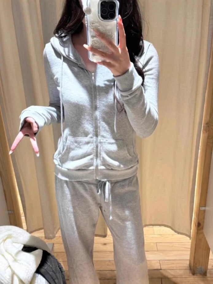 Gray Slim Pockets Zipper Hoodies Women Autumn Casual Drawstring Hoodie Tops Vintage Sweet Preppy Style Slim Y2K Sweatshirts Coat