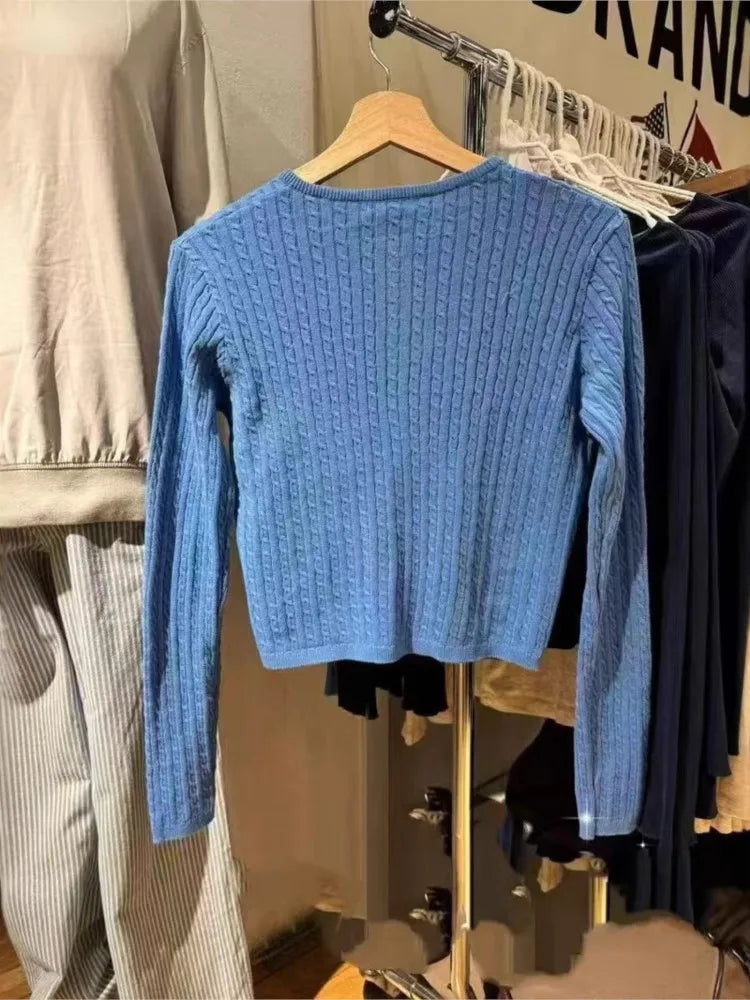 New Blue Twisted Flower Knit Cardigan Women Autumn Casual O-neck Single-breasted Slim Crop Tops Vintage Preppy Style Sweater Y2K