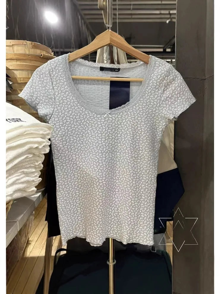 Lace Trim Floral Short Sleeve Tees Women Summer New Casual Cotton Blue Bow O-neck Top Tshirt Sweet Preppy Style Cute T-shirt Y2K