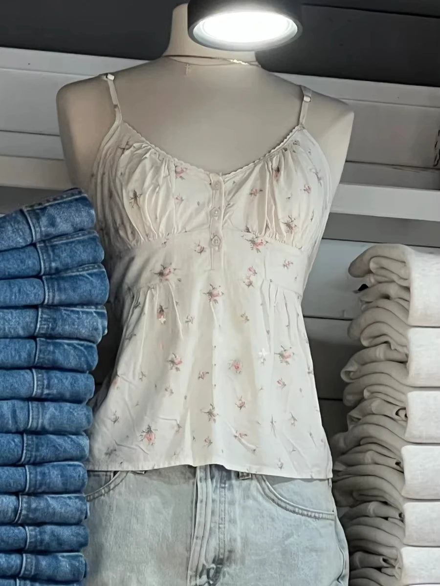 Navy Dot Slim Buttons Tank Top Woman Summer New Lace Trim V-neck Back Lace-up Cotton Camis Clothes Vintage Sweet Crop Tops Y2K